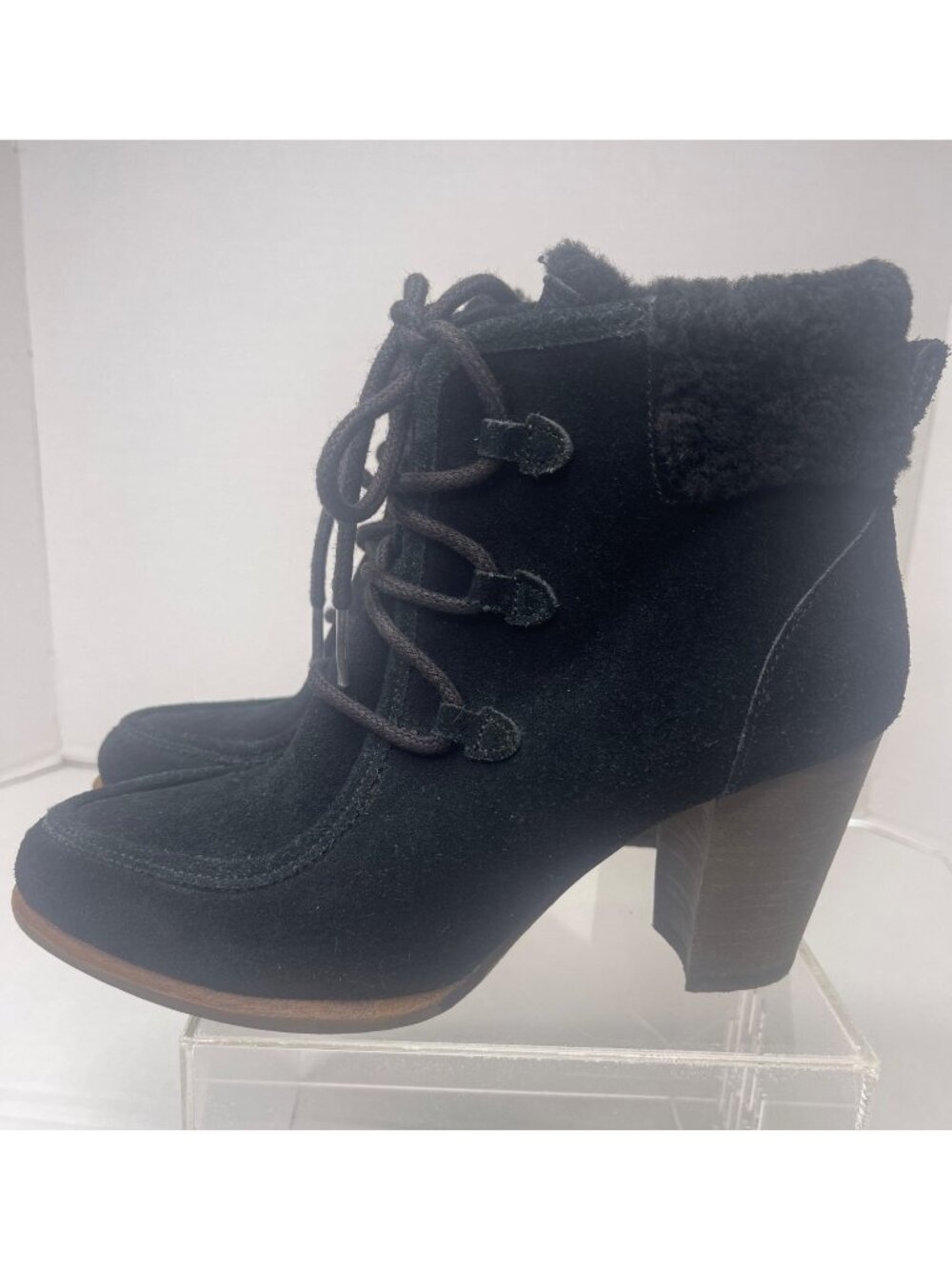 UGG Analise Black Suede Lace-Up Heeled Ankle Boots 6.5 Shearling Block Heel Chic